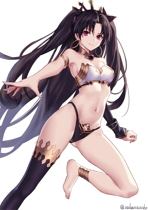 1girl anklet armlet asymmetrical_legwear asymmetrical_sleeves bangs barefoot bikini black_bikini_bottom black_bow black_hair bow breasts closed_mouth detached_collar detached_sleeves earrings fate/grand_order fate_(series) hair_bow highleg highleg_bikini hoop_earrings ishtar_(fate/grand_order) jewelry long_hair looking_at_viewer navel neck_ring parted_bangs red_eyes sakanasoko simple_background single_detached_sleeve single_thighhigh smile solo swimsuit thigh-highs tiara two_side_up white_background white_bikini_top