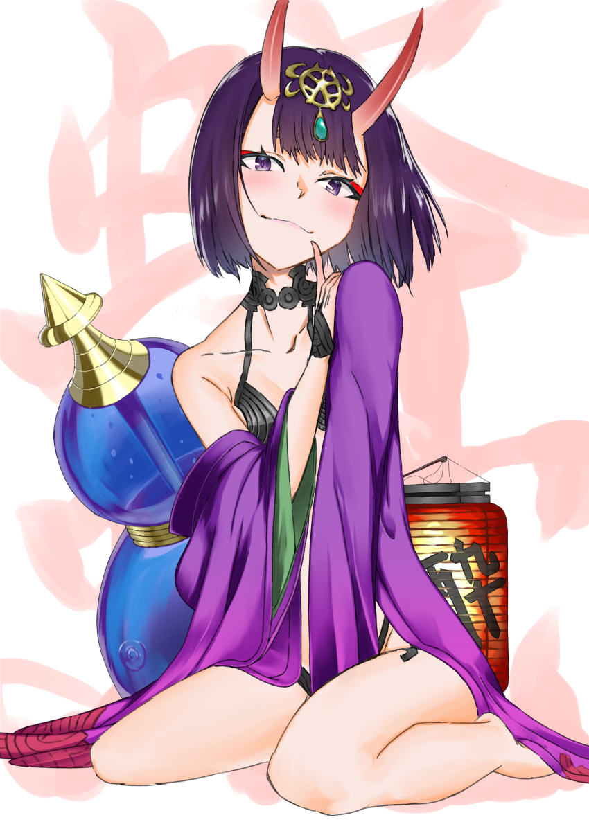 1girl amashirofumi bangs bare_shoulders barefoot blush bob_cut breasts bridal_gauntlets closed_mouth collarbone eyeliner fate/grand_order fate_(series) gourd headpiece highres horns index_finger_raised japanese_clothes kimono lantern long_sleeves looking_at_viewer makeup oni oni_horns open_clothes open_kimono purple_hair purple_kimono revealing_clothes short_eyebrows short_hair shuten_douji_(fate/grand_order) sitting small_breasts smile solo thighs violet_eyes wariza white_background wide_sleeves