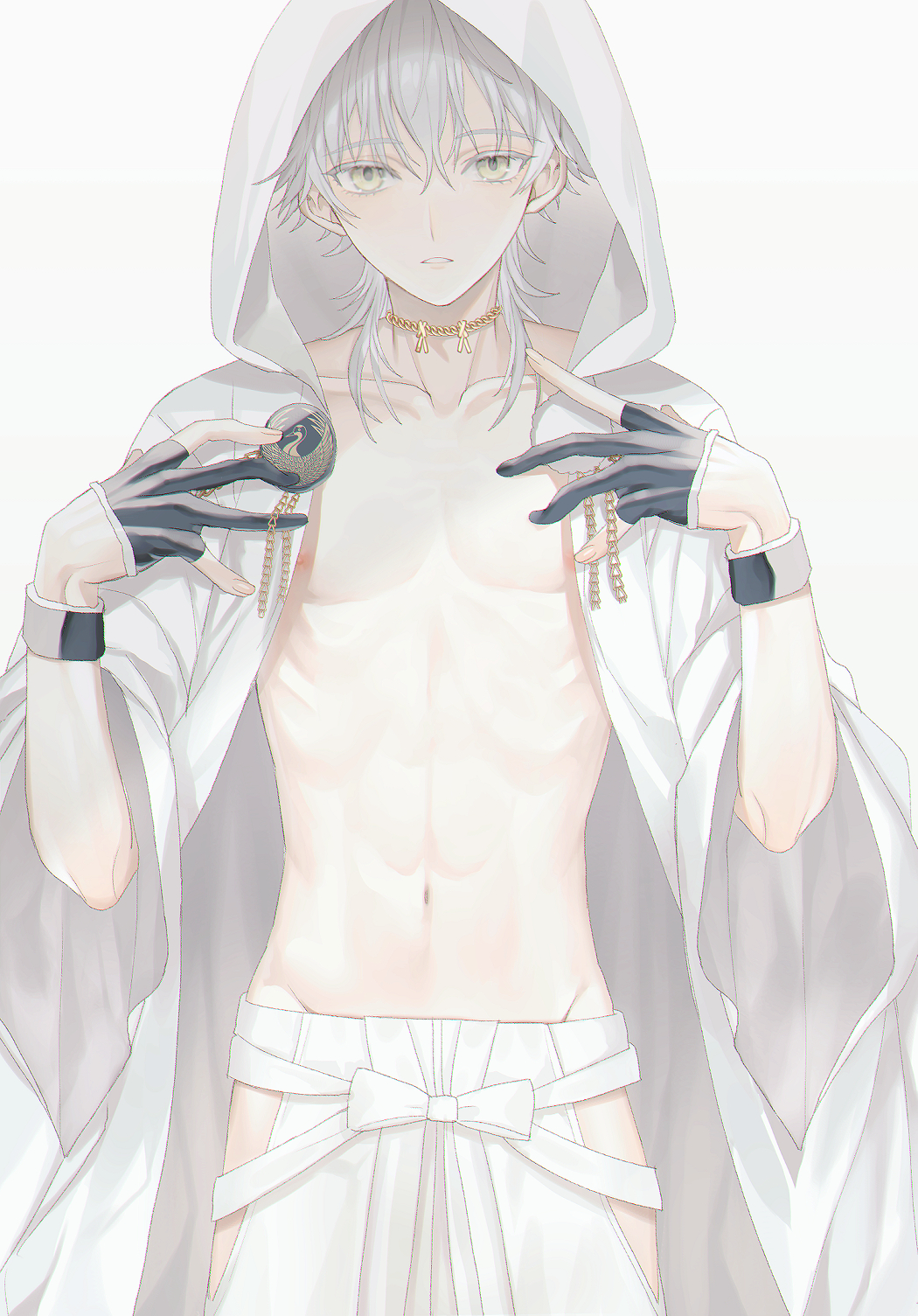 1boy abandon_ranka black_gloves gloves groin highres hip_vent hood hood_up japanese_clothes male_focus parted_lips partly_fingerless_gloves pom_pom_(clothes) shirtless touken_ranbu tsurumaru_kuninaga white_hair yellow_eyes