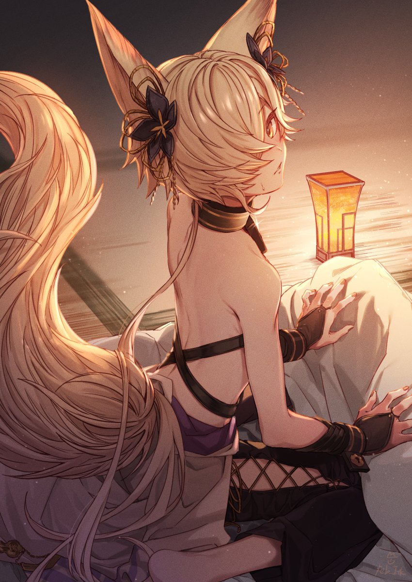 animal_ears backless_outfit choker erune feb_itk fingerless_gloves fox_boy fox_ears fox_tail futon gloves granblue_fantasy hair_ornament hair_over_one_eye highres kou_(granblue_fantasy) large_tail looking_at_viewer male_focus off_shoulder side-tie_legwear sideless_outfit tail