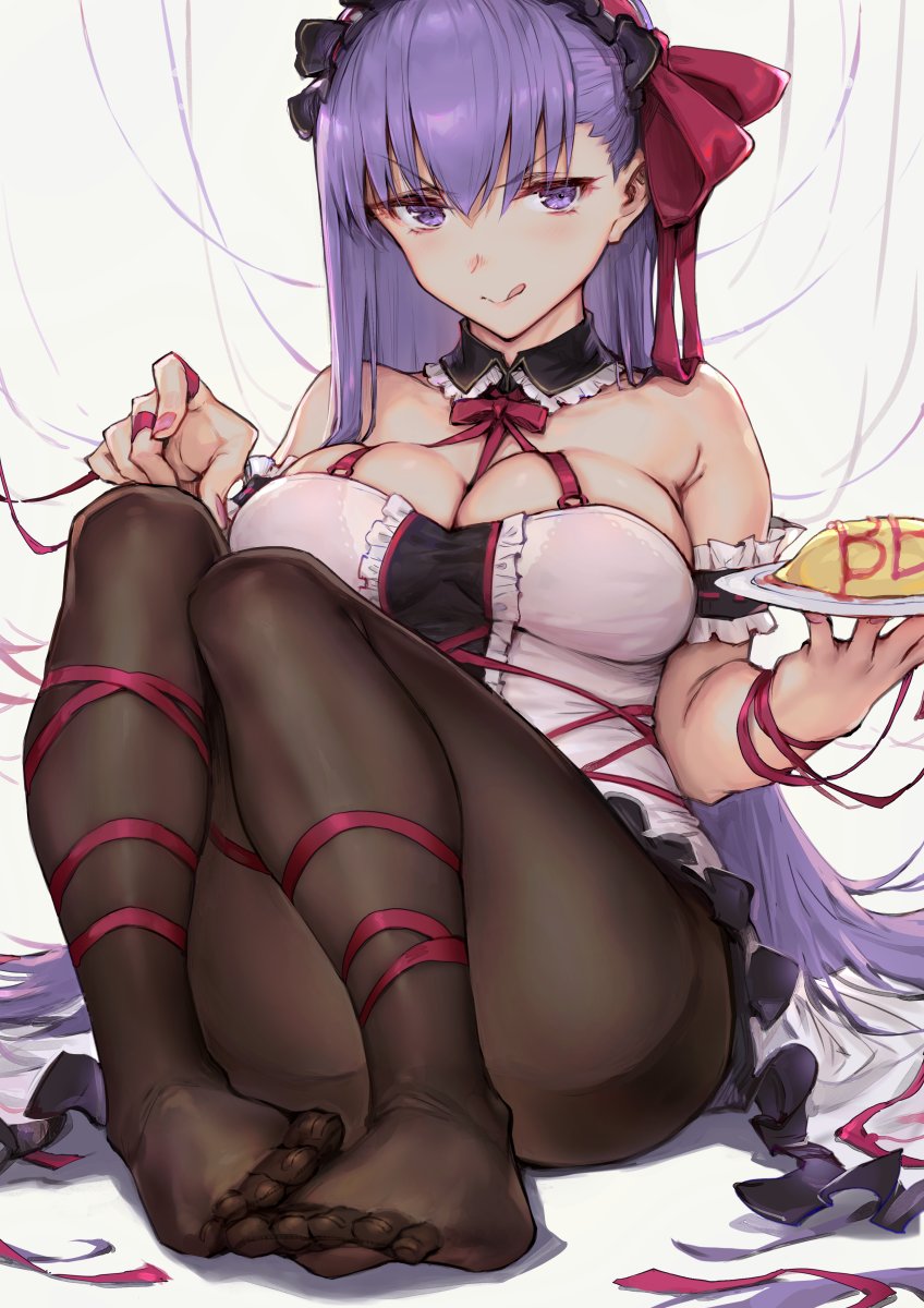 1girl bare_shoulders bb_(fate)_(all) black_legwear breasts detached_collar dress fate/extra fate/extra_ccc fate/grand_order fate/stay_night fate_(series) feet female_focus food food_art hair_ribbon haoni highres large_breasts licking_lips maid_headdress matou_sakura omelet omurice pantyhose purple_hair red_ribbon ribbon tongue tongue_out type-moon ufotable violet_eyes