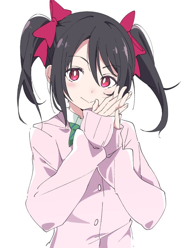 1girl black_hair cardigan eyebrows_visible_through_hair hair_between_eyes ixy long_sleeves looking_at_viewer love_live! love_live!_school_idol_project pink_cardigan red_eyes short_hair simple_background solo twintails upper_body white_background yazawa_nico