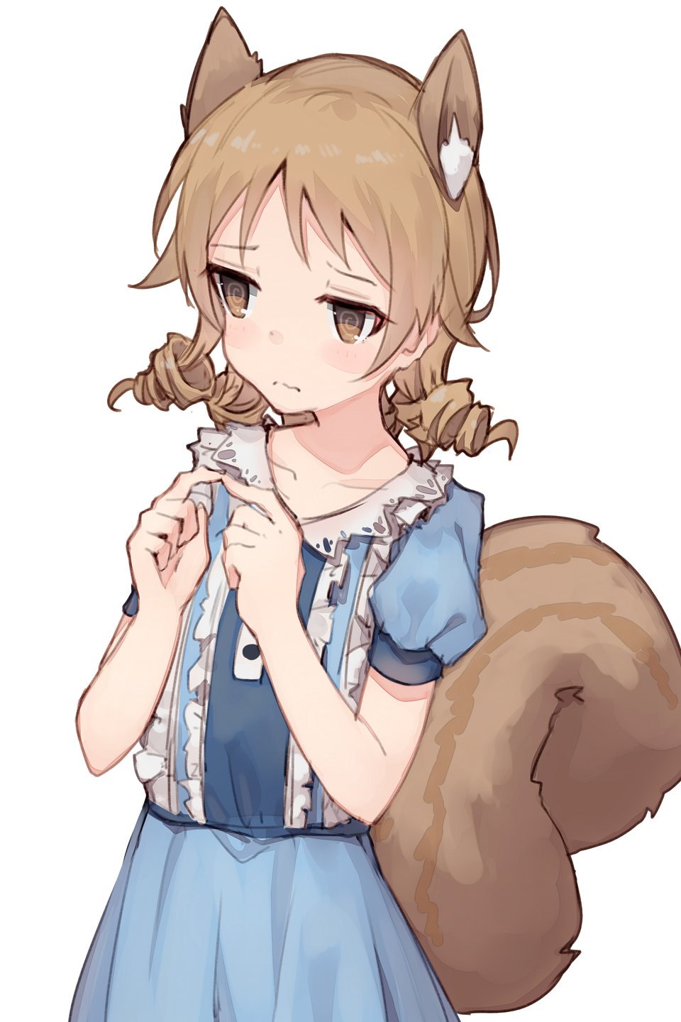 1girl @_@ animal_ear_fluff animal_ears blue_dress brown_eyes brown_hair center_frills collarbone commentary dress drill_hair extra_ears highres idolmaster idolmaster_cinderella_girls kemonomimi_mode long_hair looking_away morikubo_nono puffy_short_sleeves puffy_sleeves shone short_sleeves simple_background solo squirrel_ears squirrel_tail tail twiddling_fingers wavy_mouth white_background