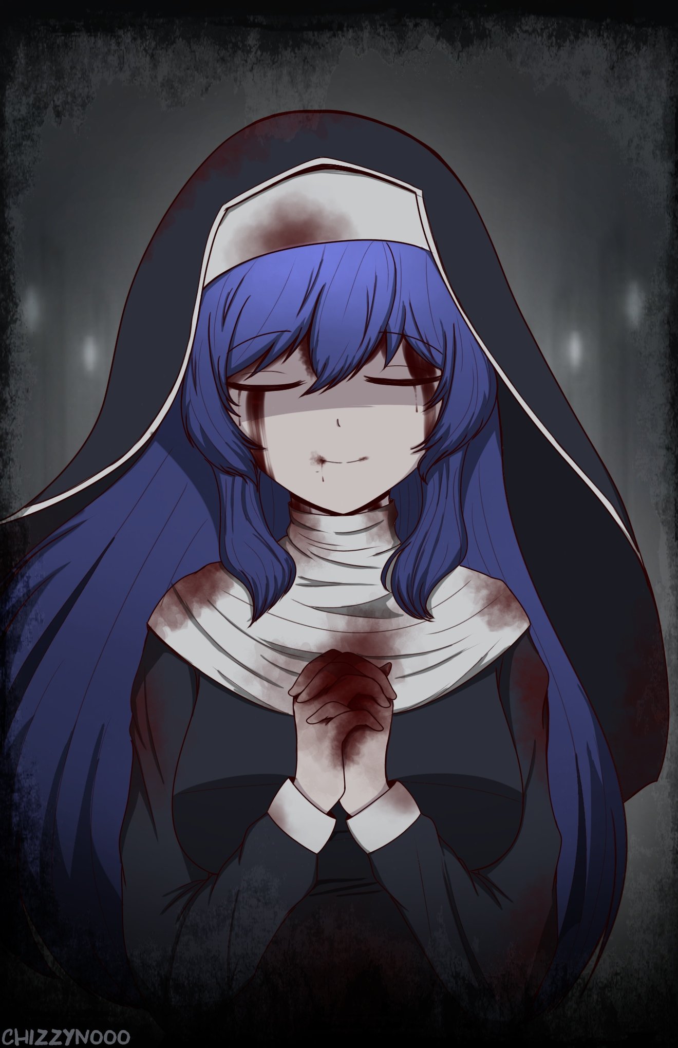 1girl ahoge blood blood_on_face bloody_clothes bloody_hands blue_eyes blue_hair breasts chizzy closed_eyes dress hairband halloween halloween_costume highres huge_ahoge long_hair medium_breasts nun orie_(under_night_in-birth) signature smile solo under_night_in-birth very_long_hair white_hairband