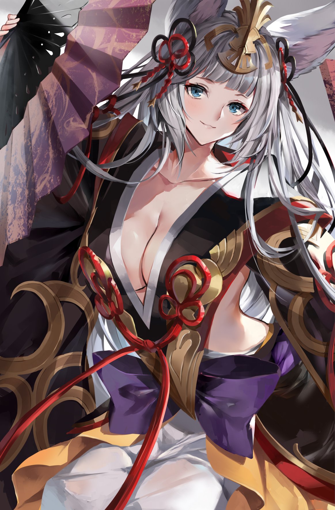 1girl animal_ears backless_outfit bell blue_eyes erune fan folding_fan fox_ears fox_tail granblue_fantasy hair_bell hair_ornament highres hinahino long_hair sideless_outfit silver_hair socie_(granblue_fantasy) tail very_long_hair