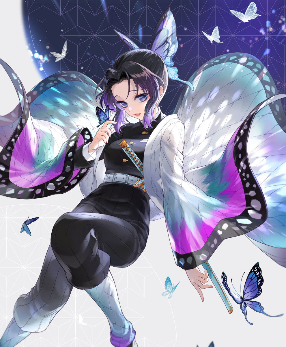 1girl animal_print bangs belt black_hair black_pants blue_eyes breasts bug butterfly butterfly_hair_ornament butterfly_on_finger butterfly_print coat forehead gradient_hair hair_ornament haori highres insect japanese_clothes katana kimetsu_no_yaiba kochou_shinobu lips long_sleeves looking_at_viewer medium_breasts michi_(iawei) multicolored_hair open_mouth pants parted_bangs patterned_background purple_hair scabbard sheath sheathed short_hair solo sword two-tone_hair uniform weapon wide_sleeves