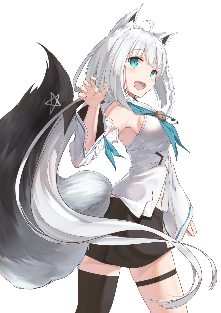 ahoge aies animal_ears asymmetrical_legwear black_skirt blue_eyes blush braid breasts claw_pose detached_sleeves eyebrows_visible_through_hair fang highres hololive legband long_hair long_sleeves open_mouth shirakami_fubuki simple_background skirt tail thigh-highs virtual_youtuber white_background white_hair