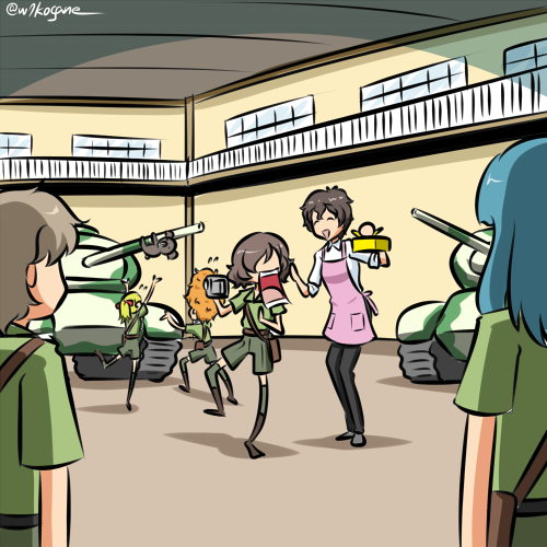 6+girls akiyama_yoshiko akiyama_yukari alternate_costume apron arms_up bangs belt black_pants blonde_hair brown_hair camcorder camera closed_eyes collared_shirt commentary disguise flying_sweatdrops frown girls_und_panzer green_shirt green_shorts ground_vehicle holding holding_camera indoors jaw_drop kamonohashi_(girls_und_panzer) koala koala_forest_military_uniform kogane_(staygold) long_sleeves looking_at_another looking_back lowres messy_hair military military_vehicle mother_and_daughter motor_vehicle multiple_girls obentou open_mouth orange_hair pants pink_apron ponytail pouch sam_browne_belt shadow shirt short_hair short_sleeves shorts sleeves_rolled_up smile standing standing_on_one_leg surprised tank twitter_username wallaby_(girls_und_panzer) white_shirt