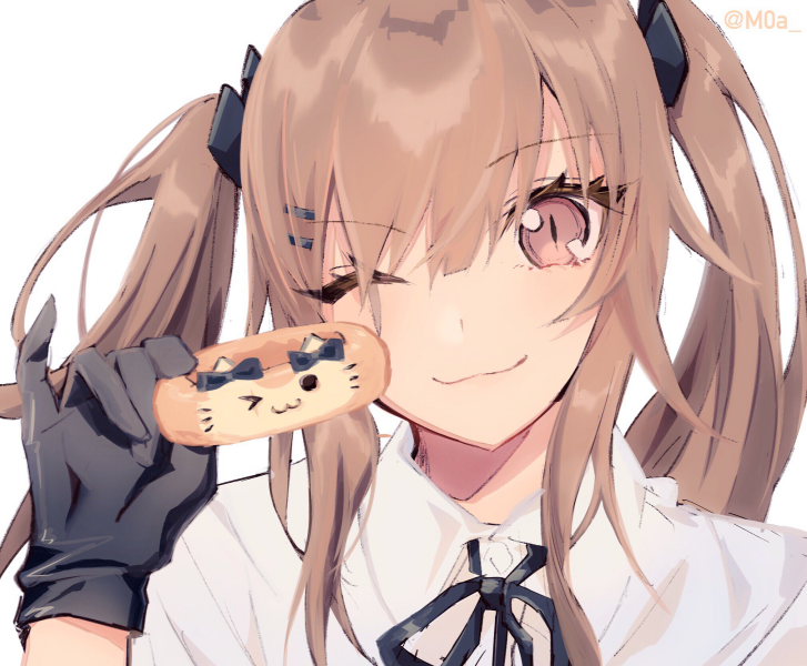 1girl black_gloves brown_eyes brown_hair closed_mouth commentary_request doughnut eyebrows_visible_through_hair food girls_frontline gloves hair_between_eyes holding long_hair looking_at_viewer moa_(21energy12) one_eye_closed simple_background solo twintails ump9_(girls_frontline) white_background