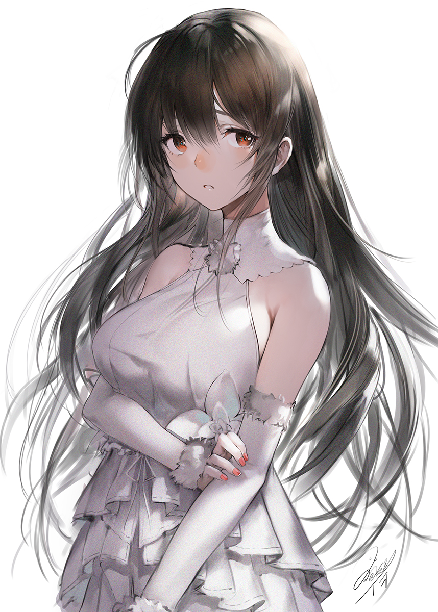 1girl bangs bare_shoulders black_hair breasts detached_sleeves dress fur_trim hair_between_eyes haori_iori highres long_hair long_sleeves looking_at_viewer medium_breasts nail_polish original parted_lips red_eyes red_nails sidelocks simple_background solo turtleneck upper_body white_background white_dress