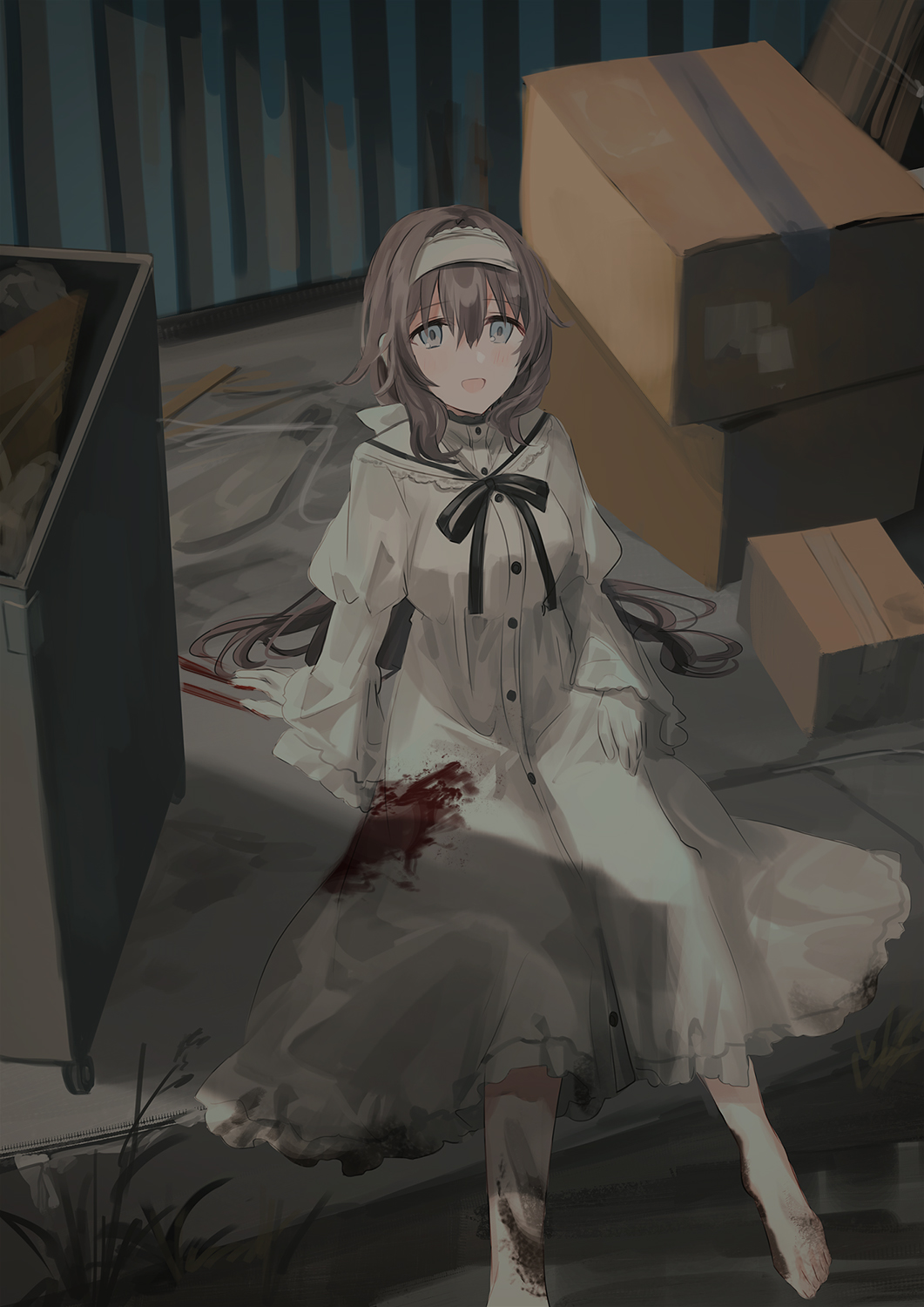 1girl :d barefoot black_ribbon blood bloody_clothes bloody_hands blue_eyes box breasts brown_hair cardboard_box chihuri dirty_feet dress hairband highres juliet_sleeves long_hair long_sleeves looking_at_viewer night open_mouth original outdoors puffy_sleeves ribbon sailor_collar sailor_dress smile solo trash_can very_long_hair white_dress white_hairband white_sailor_collar