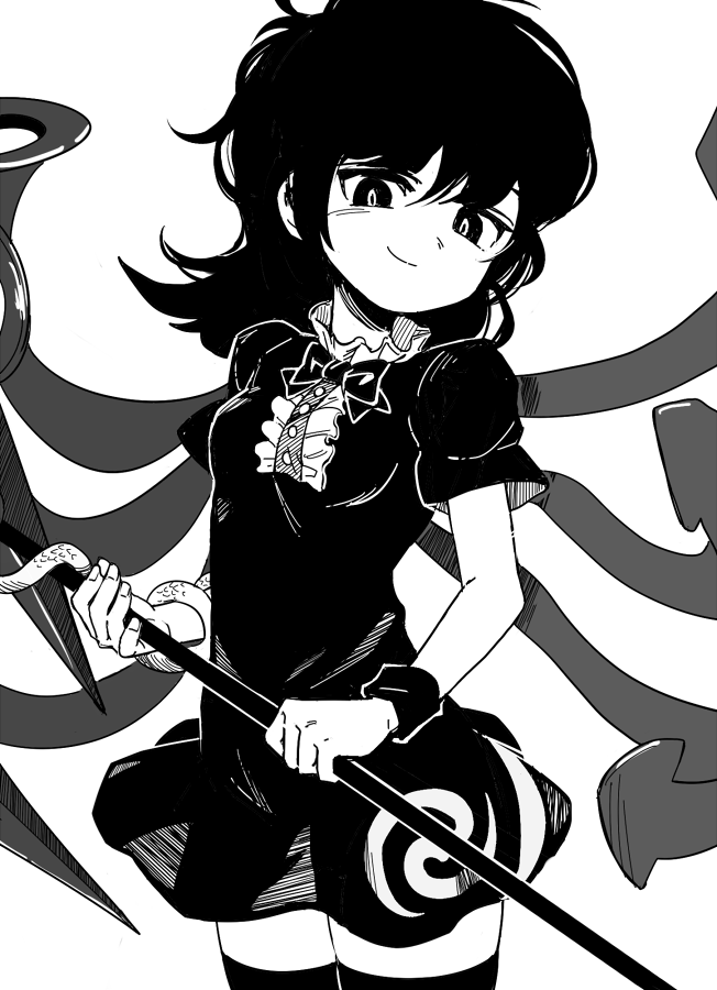 1girl asymmetrical_wings black_dress black_hair black_legwear bow cowboy_shot dress frilled_dress frills greyscale holding houjuu_nue looking_at_viewer maguro_(mawaru_sushi) monochrome short_dress short_hair short_sleeves simple_background smile snake solo thigh-highs touhou white_background wings wristband zettai_ryouiki