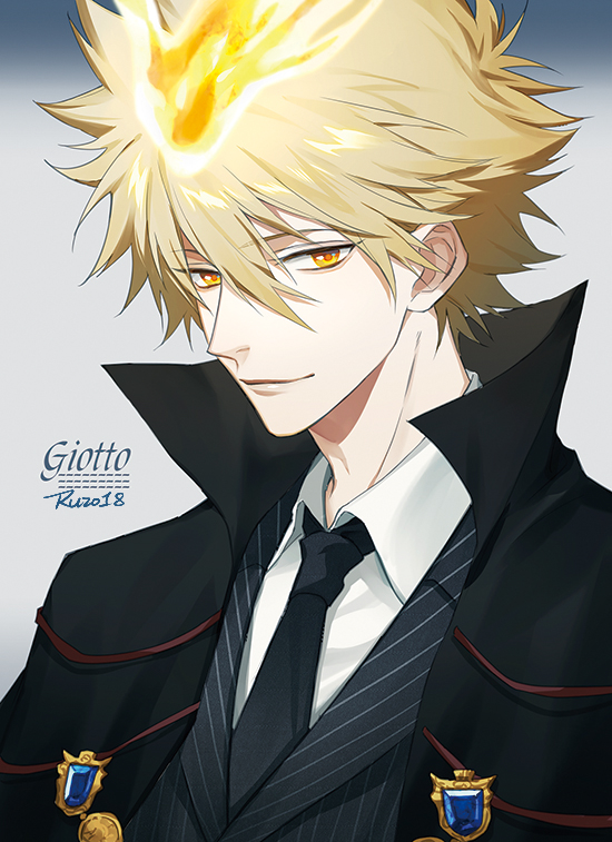 1boy 954740837 black_coat black_jacket black_neckwear blonde_hair character_name closed_mouth coat fire formal grey_background high_collar jacket jewelry katekyo_hitman_reborn looking_at_viewer male_focus necktie shirt short_hair simple_background solo striped striped_jacket suit upper_body vongola_primo white_shirt yellow_eyes