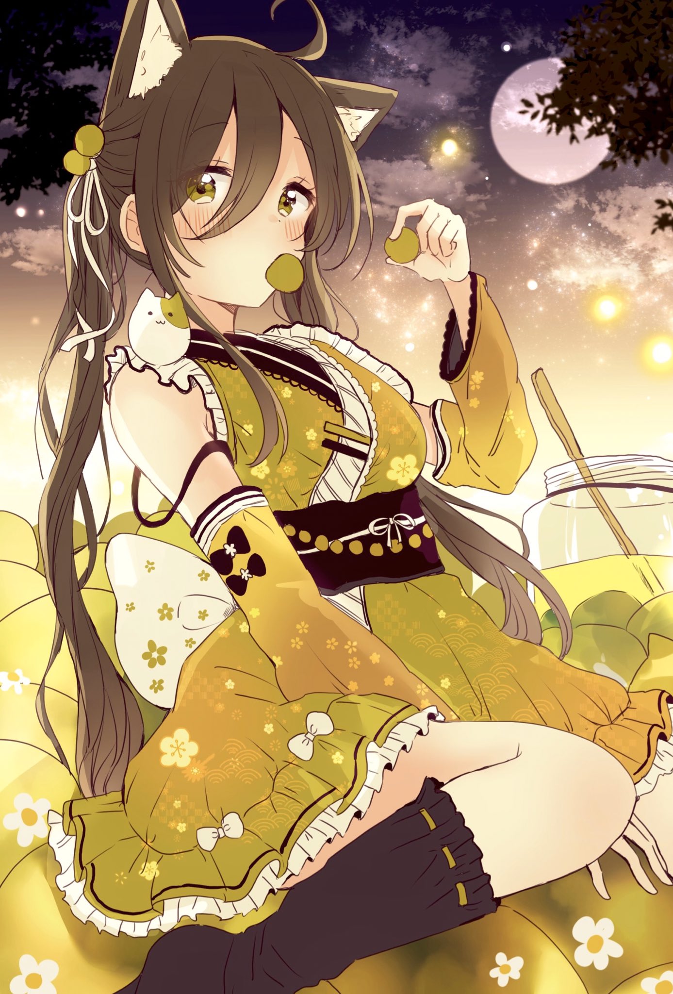 1girl ahoge animal_ear_fluff animal_ears bangs bare_shoulders between_legs black_bow black_legwear black_sky blush bottle bow breasts brown_hair brown_sky cat_ears clouds commentary_request detached_sleeves eyebrows_visible_through_hair food food_in_mouth full_moon gradient_sky green_eyes green_kimono green_sleeves hair_between_eyes hair_ribbon hand_between_legs highres holding holding_food japanese_clothes kimono kimono_skirt kneehighs long_hair long_sleeves medium_breasts moon mouth_hold no_shoes obi original personification plum ribbon ribbon-trimmed_legwear ribbon_trim sakura_oriko sash sitting sky sleeveless sleeveless_kimono solo twintails very_long_hair wariza white_bow white_ribbon wide_sleeves