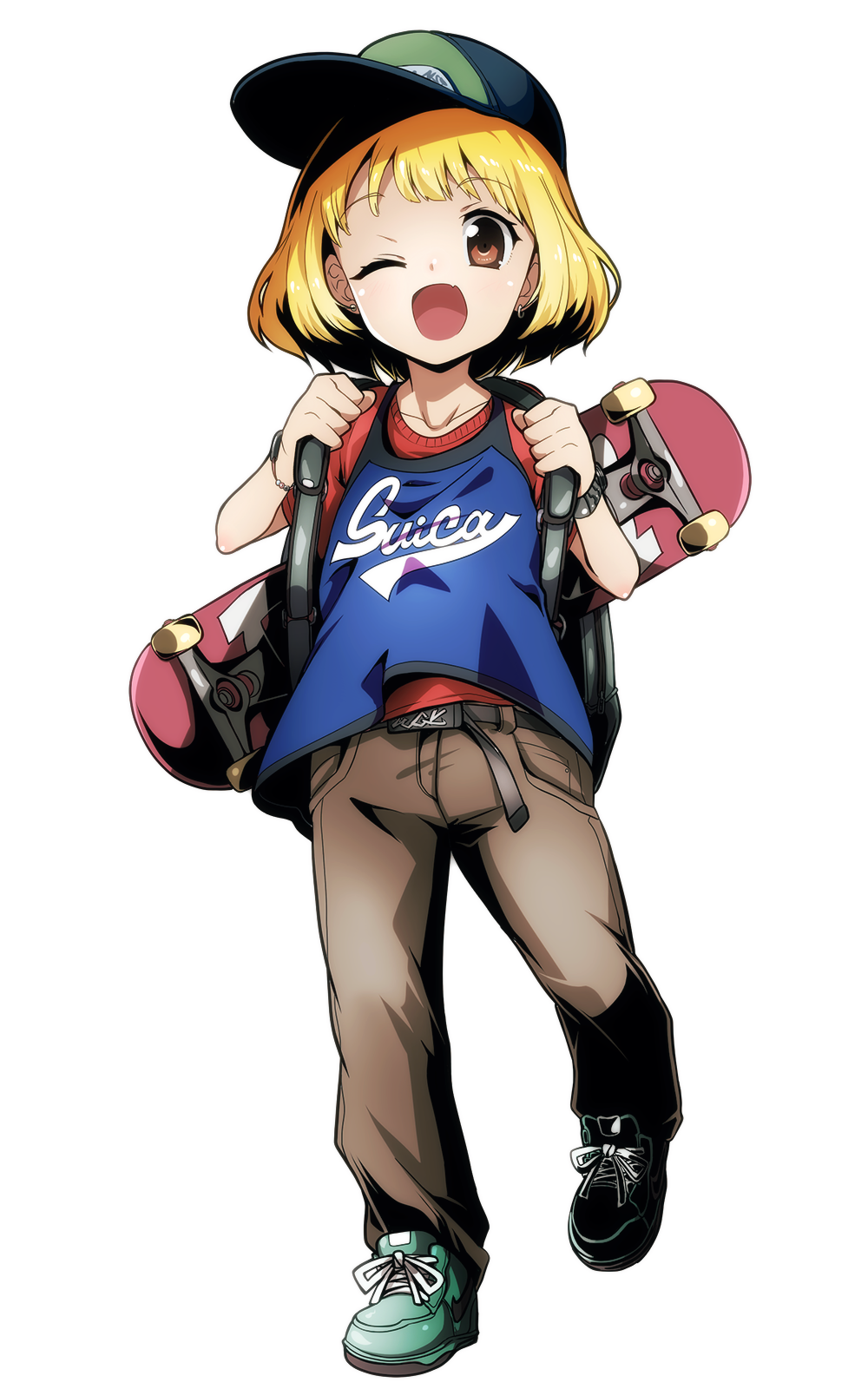 1girl backpack bag baseball_cap belt blonde_hair blue_shirt bracelet brown_eyes character_name child contemporary dr._stone ear_piercing full_body green_footwear hat highres jersey jewelry pants piercing shirt shoes short_sleeves skateboard solo suika_(dr.stone) tom_(drpow) watch watch