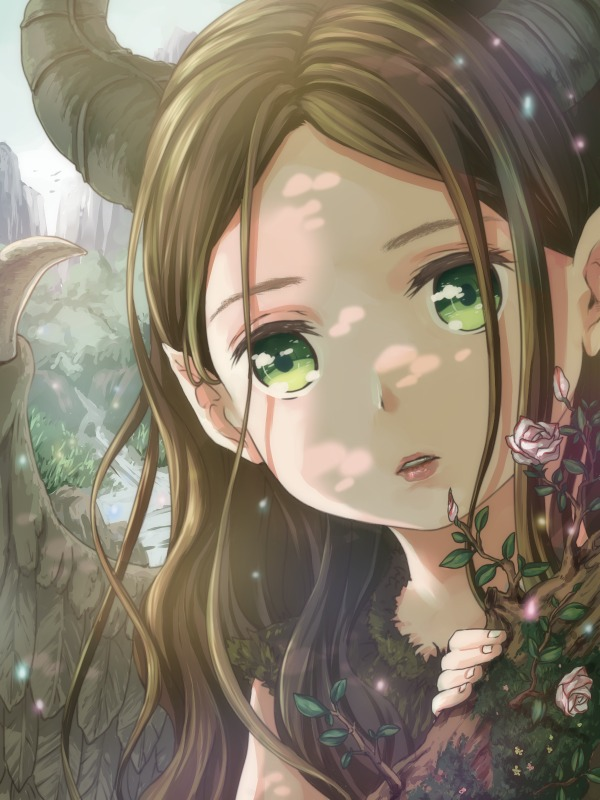 1girl brown_hair child curious dappled_sunlight day disney feathered_wings fireflies flower forest green_eyes hair_behind_ear horns long_hair looking_at_viewer maleficent maleficent_(movie) moss nature parted_lips plant rose sleeping_beauty solo stream sunlight todo-akira wavy_hair wings younger