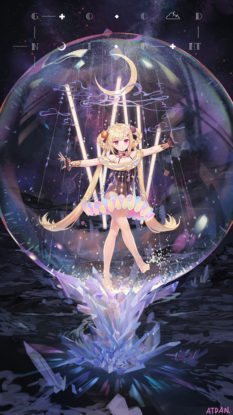 1girl artist_name atdan bangs bare_shoulders barefoot blonde_hair blue_eyes braid bubble commentary copyright_request crescent_moon dress english_commentary english_text highres long_hair looking_at_viewer moon outstretched_arms pink_ribbon ribbon signature solo spread_arms tagme transparent twin_braids twintails very_long_hair