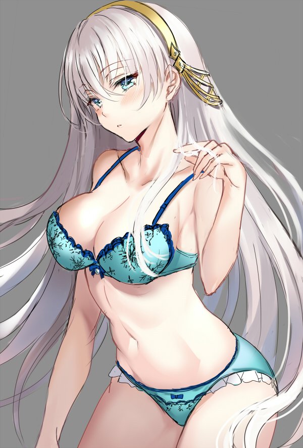 1girl anastasia_(fate/grand_order) blue_bra blue_eyes blue_panties blush bra fate/grand_order fate_(series) harimoji headband long_hair panties solo underwear underwear_only white_hair