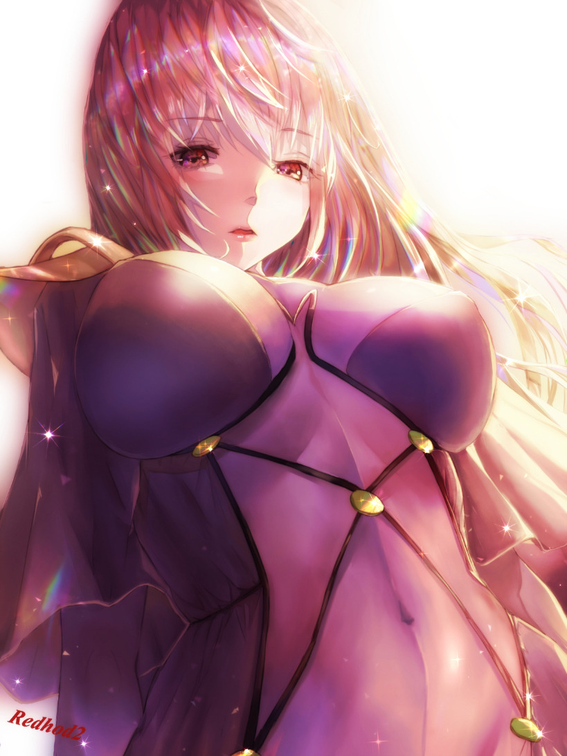 1girl bodysuit breasts covered_navel fate/grand_order fate_(series) from_below hair_intakes large_breasts long_hair looking_at_viewer looking_down parted_lips pauldrons purple_bodysuit purple_hair red_eyes scathach_(fate)_(all) scathach_(fate/grand_order) solo user_yvdw8884