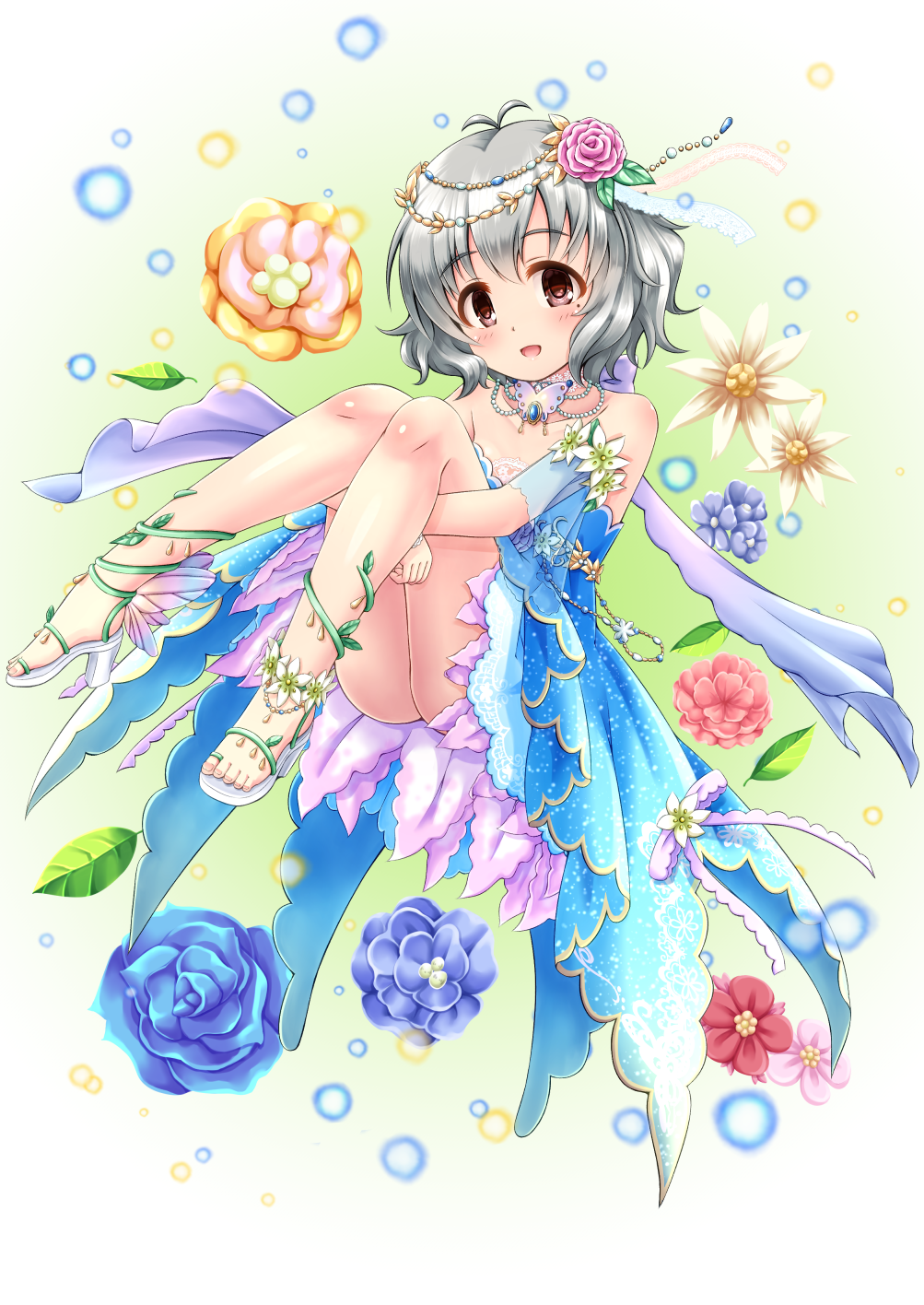 1girl :d antenna_hair bangs bare_shoulders blue_dress blue_flower blue_rose blue_sleeves blush brown_eyes collarbone detached_sleeves dress eyebrows_visible_through_hair flower full_body gradient gradient_background green_background grey_hair hair_between_eyes hair_flower hair_ornament high_heels highres idolmaster idolmaster_cinderella_girls idolmaster_cinderella_girls_starlight_stage jewelry knees_up leg_hug narumiya_yume necklace open_mouth pink_flower pink_rose red_flower regular_mow rose sandals short_sleeves smile solo strapless strapless_dress white_background white_flower white_footwear