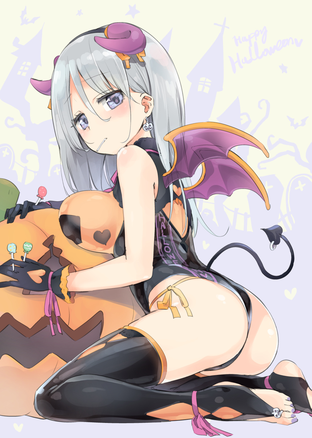 1girl ankle_ribbon ass bangs bare_shoulders black_gloves black_legwear blue_eyes blush breast_press breasts bridal_legwear candy closed_mouth commentary demon_girl demon_horns demon_tail demon_wings earrings english_text eyebrows_visible_through_hair fake_horns fake_wings food food_in_mouth food_themed_earrings from_behind full_body gloves grey_hair halloween halloween_costume happy_halloween headband highres holding_lollipop homura_subaru horns jack-o'-lantern jewelry large_breasts leotard lollipop looking_at_viewer medium_hair original panties pumpkin pumpkin_earrings ribbon side-tie_panties sitting solo stirrup_legwear straight_hair tail tail_ring thigh-highs toe_ring toeless_legwear toenail_polish underwear wariza wings wrist_ribbon