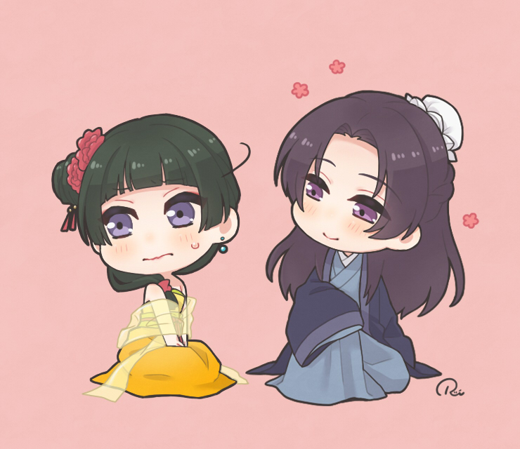 1boy 1girl bangs bare_shoulders blunt_bangs blush bun_cover chibi chinese_clothes closed_mouth coat earrings embarrassed flower full_body green_hair hair_bun hair_flower hair_ornament hair_over_shoulder half_updo hanfu jewelry jinshi_(kusuriya_no_hitorigoto) kusuriya_no_hitorigoto long_hair long_sleeves looking_at_another looking_away low-tied_long_hair maomao_(kusuriya_no_hitorigoto) parted_bangs purple_hair red_background ruei_(chicking) sash see-through shawl side_bun simple_background sitting sleeves_past_fingers sleeves_past_wrists smile strapless violet_eyes wide_sleeves