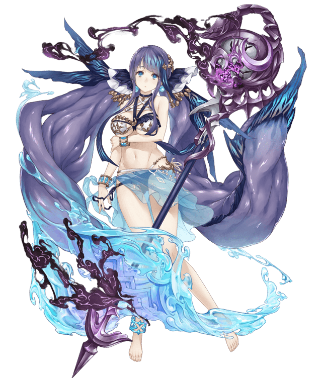 1girl anklet aqua_eyes barefoot bracelet choker earrings fins full_body hair_ornament jewelry ji_no long_hair looking_at_viewer navel ningyo_hime_(sinoalice) official_art purple_hair see-through sinoalice solo staff swimsuit transparent_background very_long_hair water