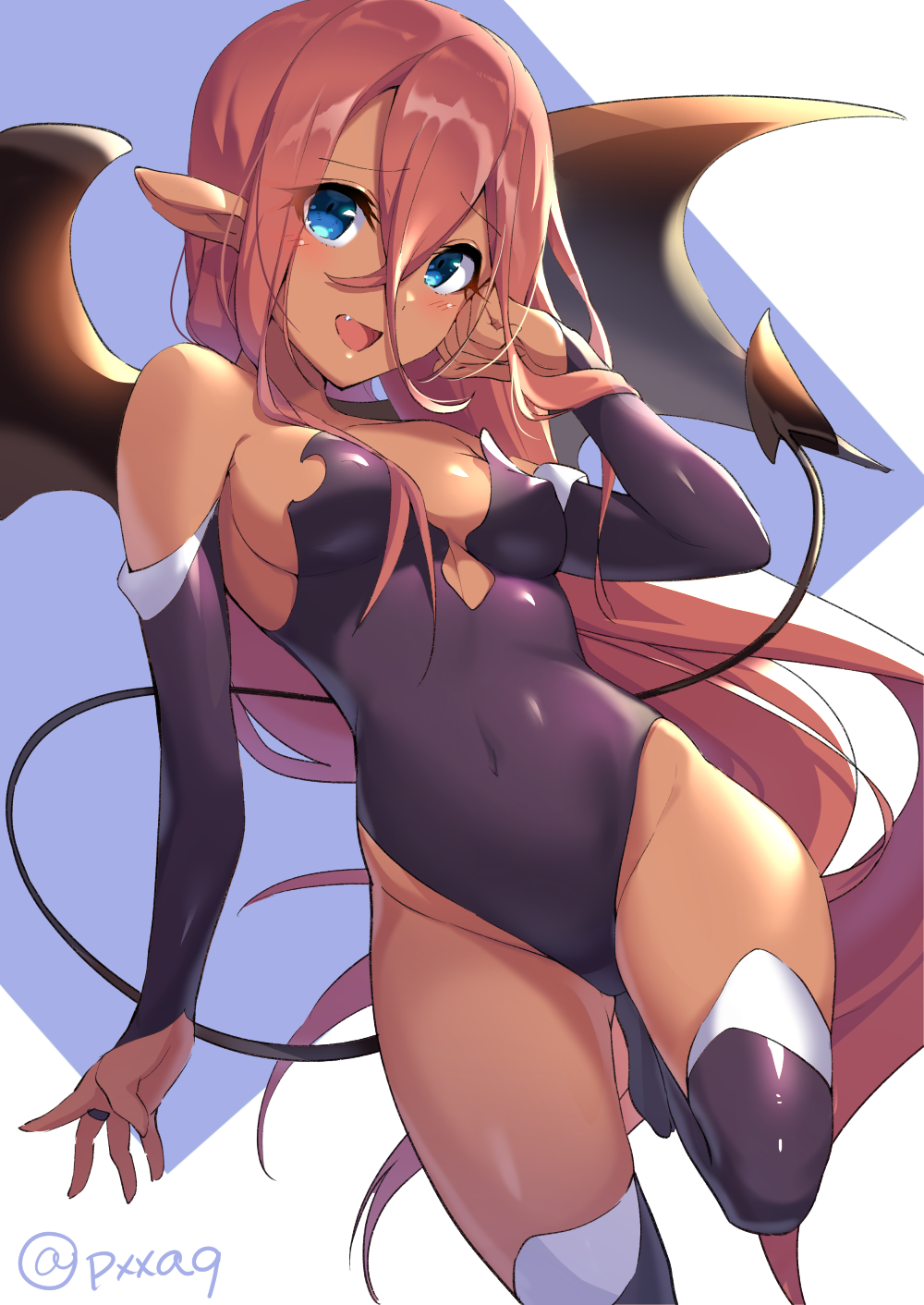 1girl :d bangs bare_shoulders black_wings blue_background blue_eyes blush breasts bridal_gauntlets brown_hair collarbone commentary_request covered_navel curcumin dark_skin demon_girl demon_tail demon_wings eyebrows_visible_through_hair fang groin hair_between_eyes hand_up highres leotard long_hair medium_breasts open_mouth original pointy_ears purple_legwear purple_leotard smile solo standing standing_on_one_leg strapless strapless_leotard succubus tail thigh-highs two-tone_background very_long_hair white_background wings