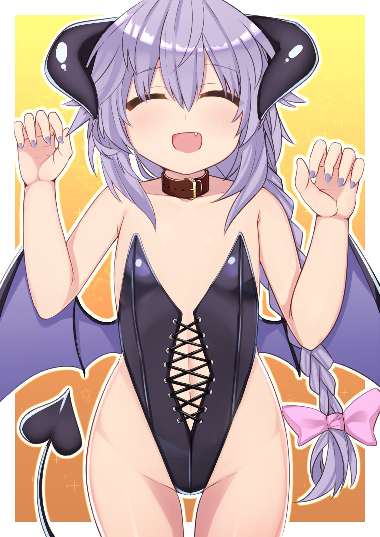 1girl bow demon_horns demon_tail demon_wings dura fang halloween halloween_costume highres horns leotard neptune_(series) open_mouth pink_bow purple_hair pururut tail wings