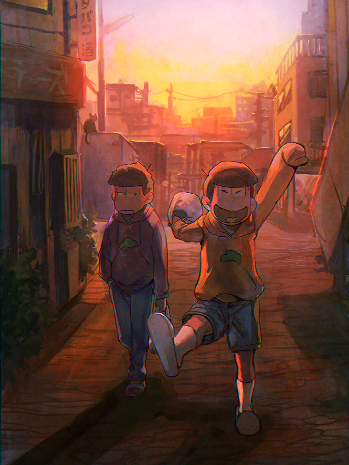 2boys animal aoki_(fumomo) arm_up blue_pants blue_shorts bowl_cut brothers brown_hair building cat closed_eyes closed_mouth family full_body grin hand_in_pocket holding hood hoodie long_sleeves looking_at_another matsuno_ichimatsu matsuno_juushimatsu multiple_boys open_mouth osomatsu-san outdoors pants purple_hoodie road shoes short_hair shorts siblings slippers smile socks street sunset walking white_footwear white_legwear yellow_hoodie