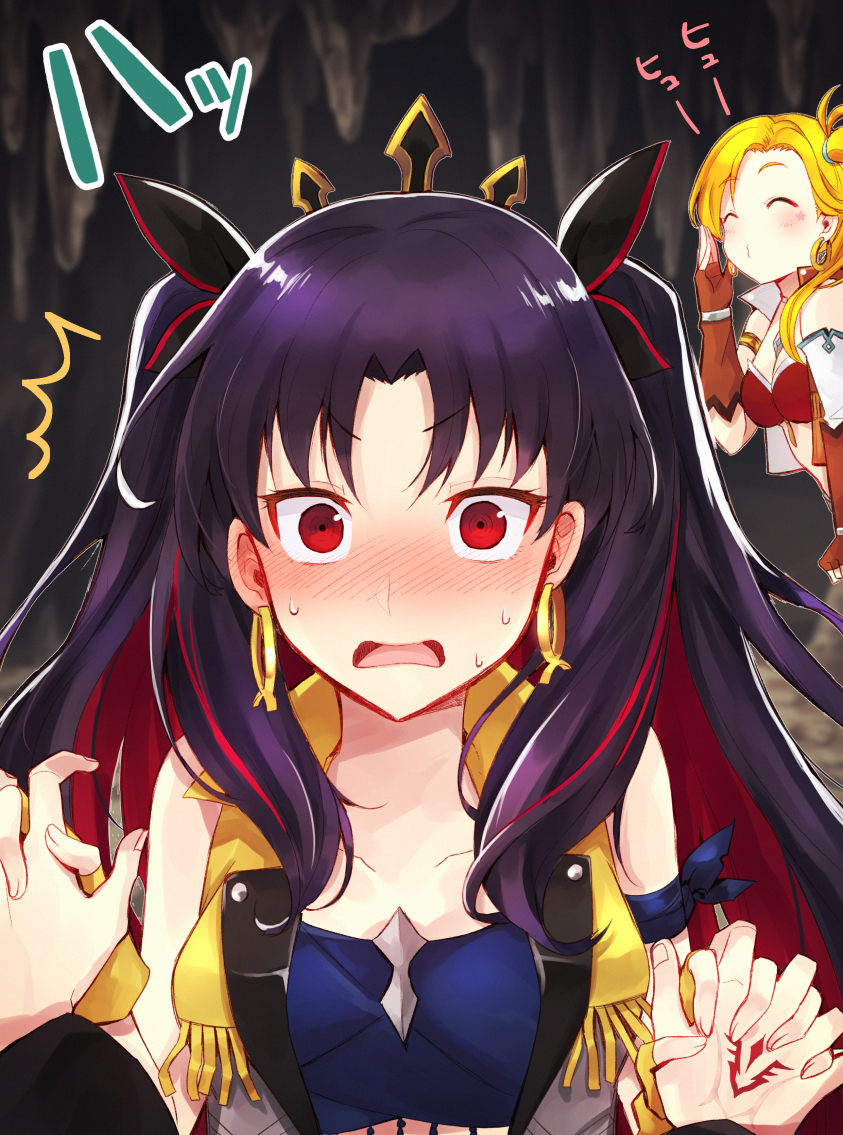 1boy 2girls bangs black_hair black_ribbon blonde_hair blush calamity_jane_(fate/grand_order) cave closed_eyes collarbone command_spell commentary_request earrings embarrassed fate/grand_order fate_(series) fujimaru_ritsuka_(male) hair_ribbon holding_hands hoop_earrings interlocked_fingers itsumi_mita jewelry multicolored_hair multiple_girls open_mouth redhead ribbon side_ponytail space_ishtar_(fate) stalactite streaked_hair sweatdrop swept_bangs tiara two-tone_hair two_side_up vest wide-eyed