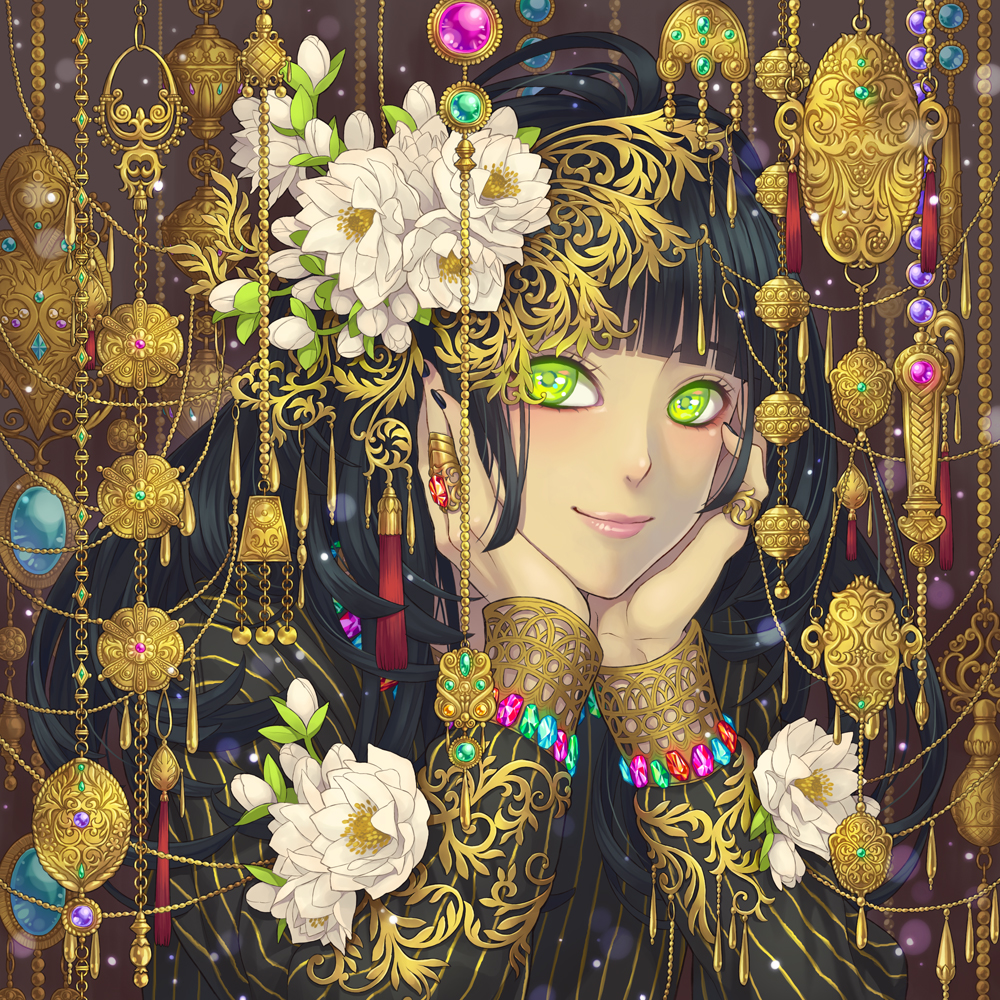 1girl bangs black_hair black_nails blunt_bangs blush bracelet bud chain crystal flower gem gold gold_chain gold_trim green_eyes hair_flower hair_ornament hands_on_own_cheeks hands_on_own_face head_rest jewelry light_particles long_hair long_sleeves minami_(minami373916) original pink_lips ring upper_body white_flower