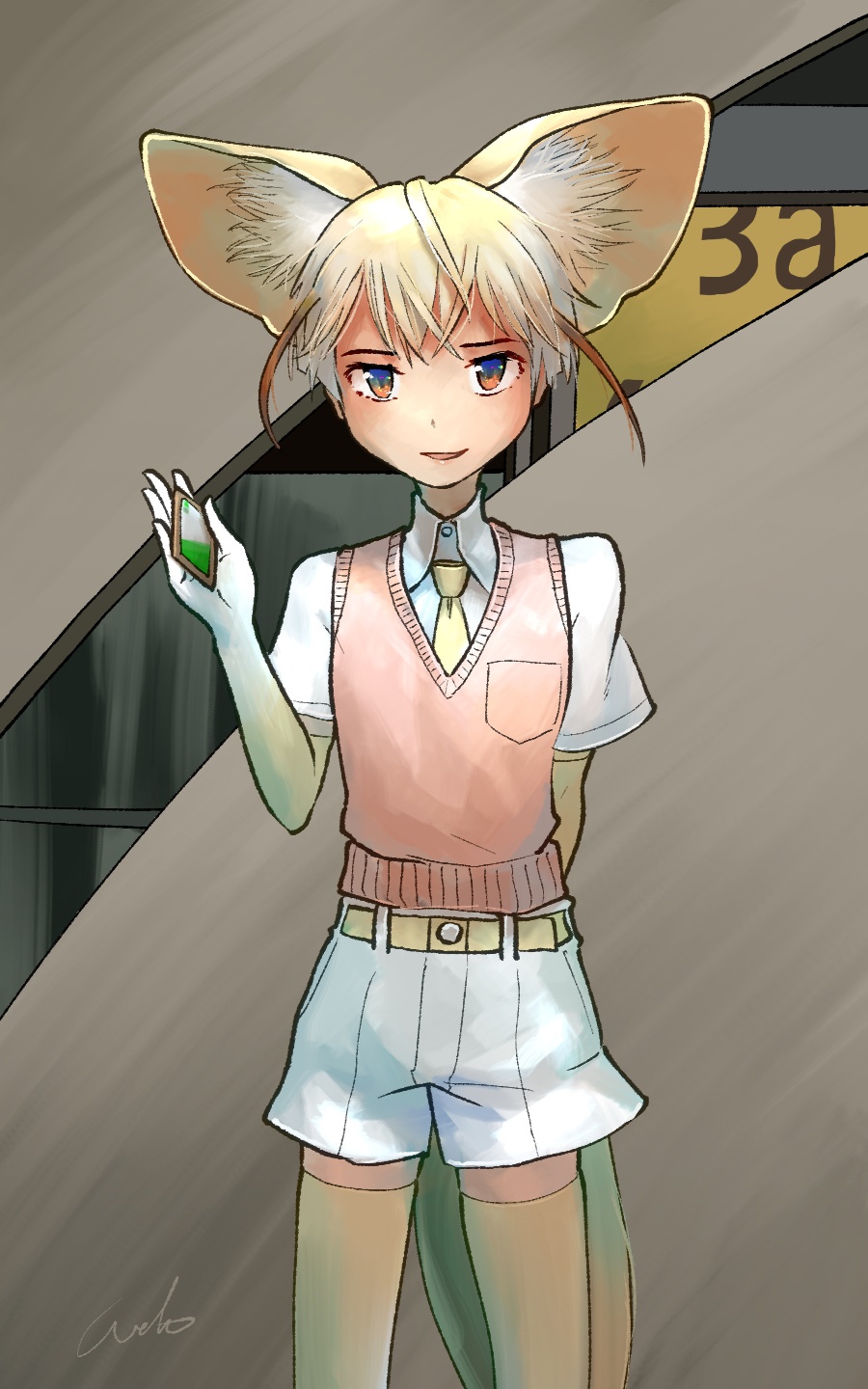 1boy adapted_costume animal_ear_fluff animal_ears arm_behind_back belt blonde_hair brown_eyes commentary elbow_gloves extra_ears fennec_(kemono_friends) fox_boy fox_ears fox_tail genderswap genderswap_(ftm) gloves gradient_gloves hand_up highres kemono_friends looking_at_viewer male_focus multicolored_hair necktie parted_lips pink_vest shirt short_sleeves shorts signature smile solo tail thigh-highs two-tone_hair vest welt_(kinsei_koutenkyoku) white_gloves white_hair white_shirt white_shorts yellow_legwear yellow_neckwear