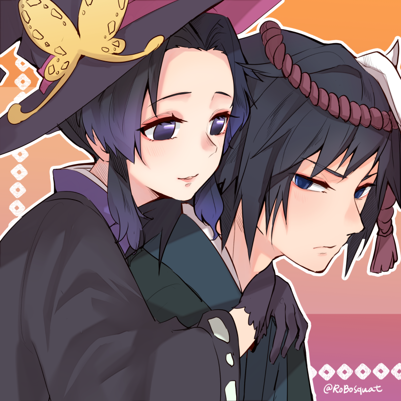 1boy 1girl alternate_costume black_dress black_gloves black_hair blue_eyes blush closed_mouth commentary_request costume dress eyebrows_visible_through_hair gloves gradient_hair hair_between_eyes halloween halloween_costume hat hug hug_from_behind japanese_clothes kimetsu_no_yaiba kochou_shinobu kyarotto_(zenkixd) lips looking_at_another mask mask_on_head medium_hair multicolored_hair parted_lips ponytail purple_hair short_hair tomioka_giyuu twitter_username two-tone_hair violet_eyes white_mask witch witch_hat