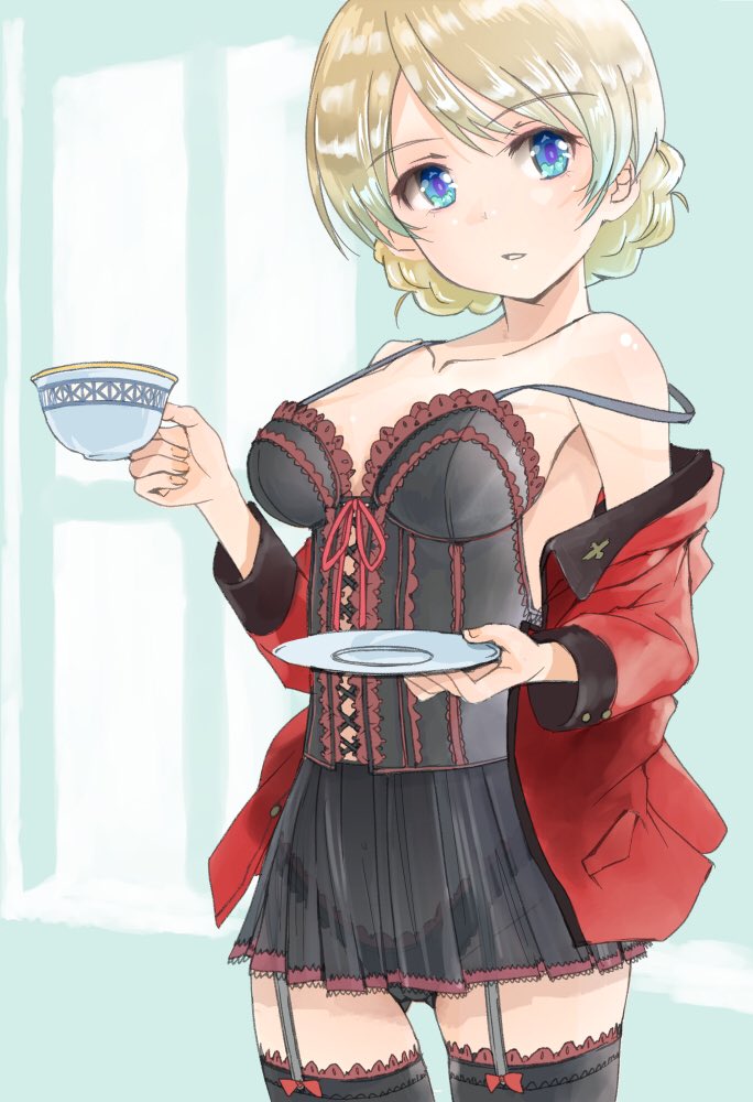 1girl adapted_costume ass_visible_through_thighs bangs black_dress black_legwear black_panties blonde_hair blue_eyes bow_legwear braid breasts bustier commentary cowboy_shot cup darjeeling dress eyebrows_visible_through_hair garter_straps girls_und_panzer highleg highleg_panties holding holding_cup holding_saucer jacket lace lace-trimmed_dress lace-trimmed_legwear lace-trimmed_panties lace-up lingerie long_sleeves looking_at_viewer medium_breasts microdress military_jacket off_shoulder open_clothes open_jacket panties parted_lips red_jacket saucer school_uniform see-through short_hair solo spaghetti_strap st._gloriana's_military_uniform standing strap_slip teacup thigh-highs tied_hair twin_braids underwear yurikuta_tsukumi