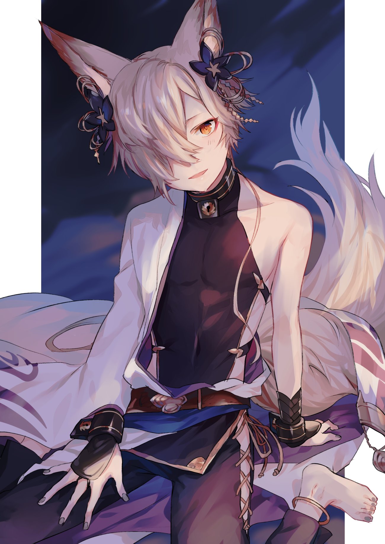 animal_ears backless_outfit erune fingerless_gloves fox_boy fox_ears fox_tail gloves granblue_fantasy hair_over_one_eye highres kou_(granblue_fantasy) large_tail looking_at_viewer male_focus moegi0926 open_mouth side-tie_legwear sideless_outfit sitting tail