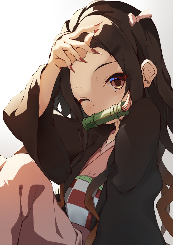 1girl arm_up bamboo bangs bit_gag black_hair brown_eyes brown_hair checkered commentary_request fingernails forehead gag gradient gradient_background gradient_hair grey_background hair_ribbon japanese_clothes kamado_nezuko kimetsu_no_yaiba kimono long_fingernails long_hair long_sleeves mouth_hold multicolored_hair obi open_clothes parted_bangs pink_kimono pink_ribbon red_nails ribbon same_shark sash sharp_fingernails solo very_long_hair white_background wide_sleeves