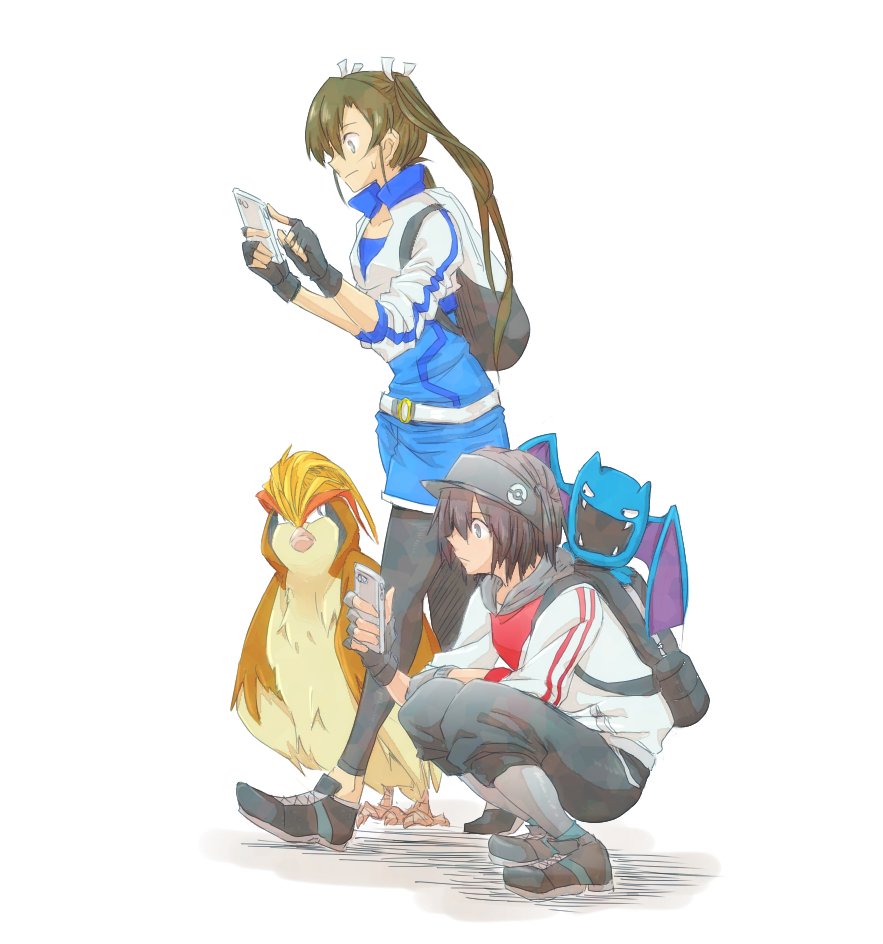 backpack bag baseball_cap cellphone cosplay cropped_jacket dark_green_hair female_protagonist_(pokemon_go) female_protagonist_(pokemon_go)_(cosplay) golbat hair_ribbon hat kantai_collection leggings long_hair multiple_girls nda-p_(threelow) phone pidgeot pokemon pokemon_(game) pokemon_go ribbon sendai_(kantai_collection) simple_background smartphone squatting twintails white_ribbon zuikaku_(kantai_collection)