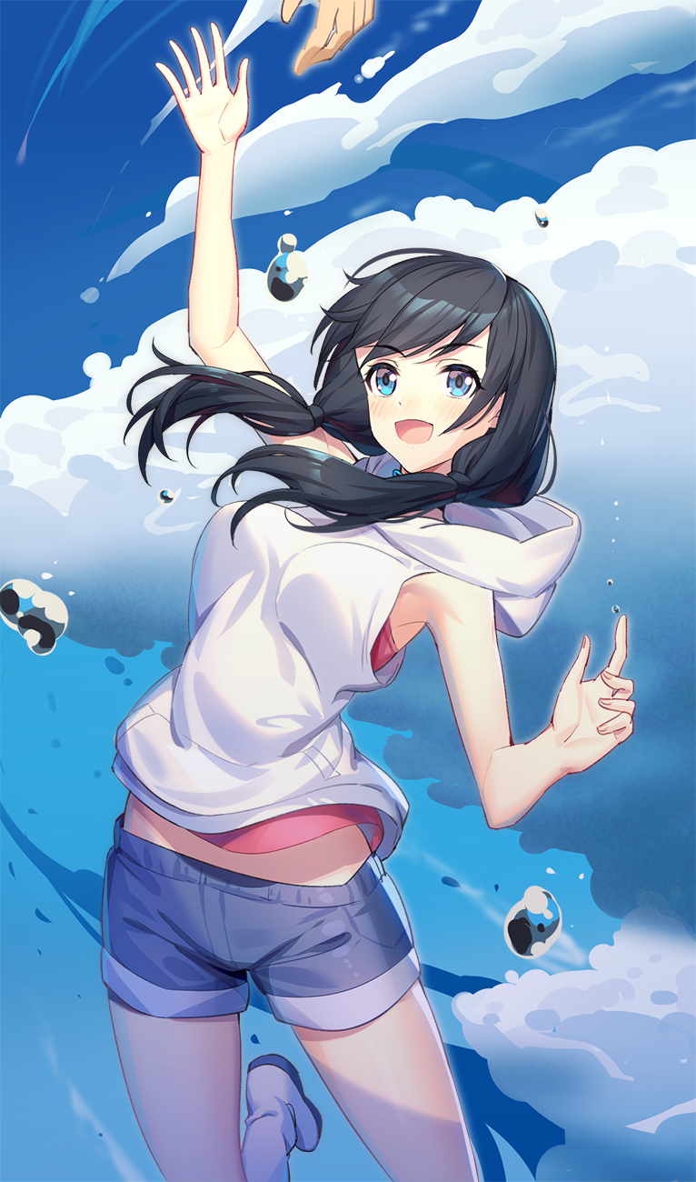 1girl :d amano_hina_(tenki_no_ko) arm_up bangs bare_arms bare_shoulders black_hair blue_eyes blue_shorts blue_sky blush boots clouds cloudy_sky commentary_request day eyebrows_visible_through_hair highres hood hood_down hoodie long_hair looking_at_viewer open_mouth out_of_frame outdoors pink_shirt ririko_(zhuoyandesailaer) shirt short_shorts shorts sky sleeveless sleeveless_hoodie sleeveless_shirt smile solo_focus tenki_no_ko twintails water_drop white_footwear white_hoodie