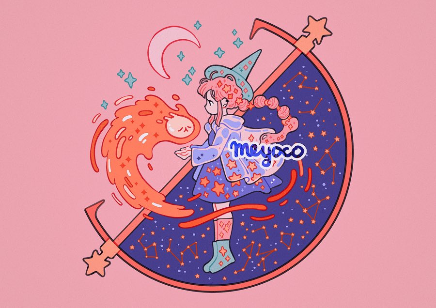 1girl artist_name blue_headwear cape constellation crescent dress ear_piercing earrings full_body hat jewelry long_hair long_sleeves meyoco no_mouth original piercing pink_background pink_hair ponytail profile purple_dress shoes sidelocks simple_background socks solo star star_(sky) witch_hat