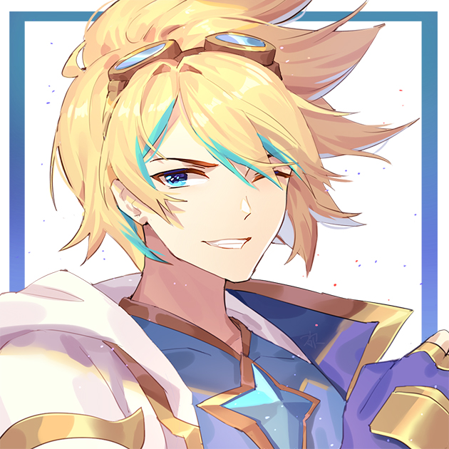 1boy blonde_hair blue_eyes ezreal gloves goggles goggles_on_head kan_(rainconan) league_of_legends magical_boy one_eye_closed smile smirk solo star_guardian_(league_of_legends) star_guardian_ezreal