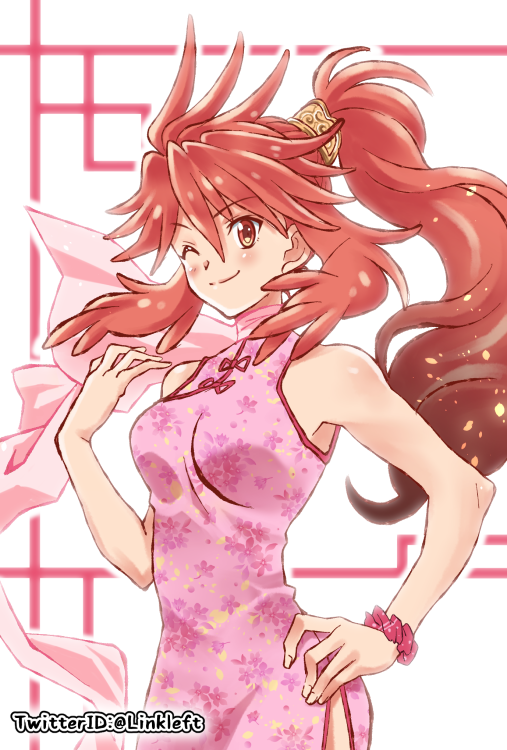 1girl amou_kanade breasts china_dress chinese_clothes closed_mouth commentary_request dress link_(aa30) long_hair looking_at_viewer one_eye_closed ponytail red_eyes redhead scrunchie senki_zesshou_symphogear smile solo