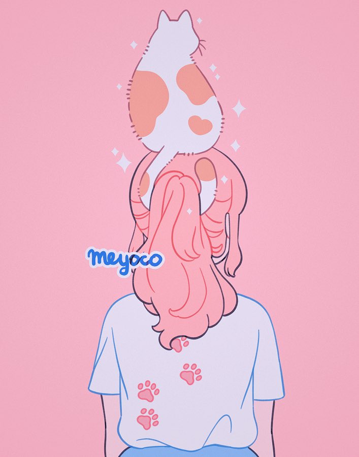 1girl animal animal_on_head artist_name cat cat_on_head facing_away from_behind long_hair meyoco on_head original paw_print pink_background pink_hair ponytail shirt short_sleeves sidelocks simple_background solo sparkle upper_body white_shirt