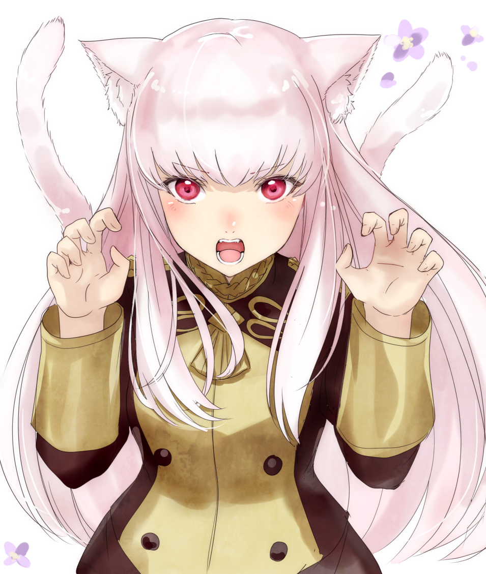 1girl :o animal_ears bangs blush cat_ears cat_girl cat_tail claw_pose double-breasted eyebrows_visible_through_hair fangs fire_emblem fire_emblem:_three_houses flower garreg_mach_monastery_uniform hands_up haru_(nakajou-28) kemonomimi_mode long_hair long_sleeves looking_at_viewer lysithea_von_ordelia open_mouth pink_eyes pink_hair purple_flower school_uniform sidelocks simple_background solo tail teeth upper_body v-shaped_eyebrows white_background