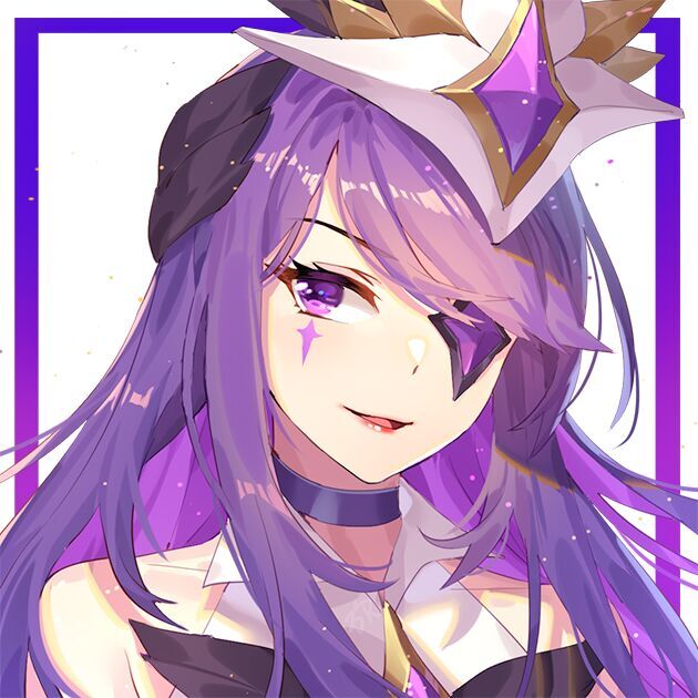 1girl eyepatch facial_mark hair_ornament kan_(rainconan) league_of_legends magical_girl purple_hair smile solo star_guardian_(league_of_legends) star_guardian_syndra syndra violet_eyes