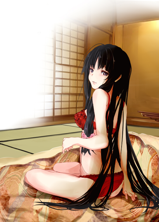1girl ahoge arm_behind_back ass bangs bare_shoulders black_hair blush bow bra breasts brown_eyes hair_bow hand_up indoors kantai_collection long_hair medium_breasts panties parted_lips pink_bow red_bra red_panties rizzl shouhou_(kantai_collection) sidelocks sitting smile tatami thighs underwear underwear_only