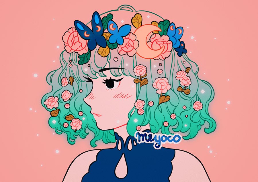 1girl artist_name black_eyes blue_butterfly bug butterfly crescent eyebrows_visible_through_hair flower gradient_hair green_hair insect leaf meyoco multicolored_hair original parted_lips pink_background pink_flower pink_hair portrait profile simple_background solo