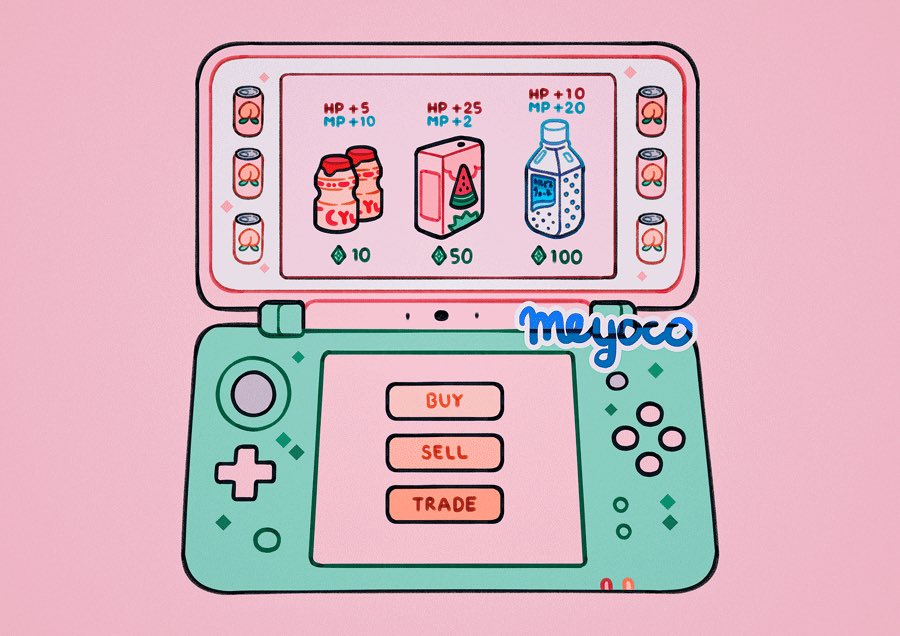artist_name can english_text food fruit handheld_game_console meyoco nintendo_ds no_humans original peach pink_background simple_background watermelon