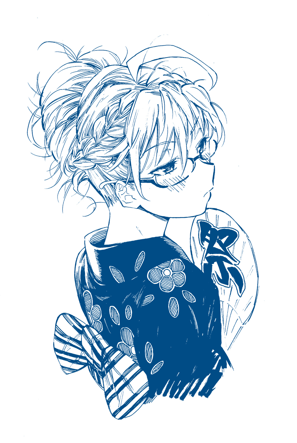 1girl blue_theme bow braid fan floral_print glasses highres japanese_clothes kimono kojima_takeshi monochrome original paper_fan profile solo striped tied_hair traditional_media uchiwa upper_body