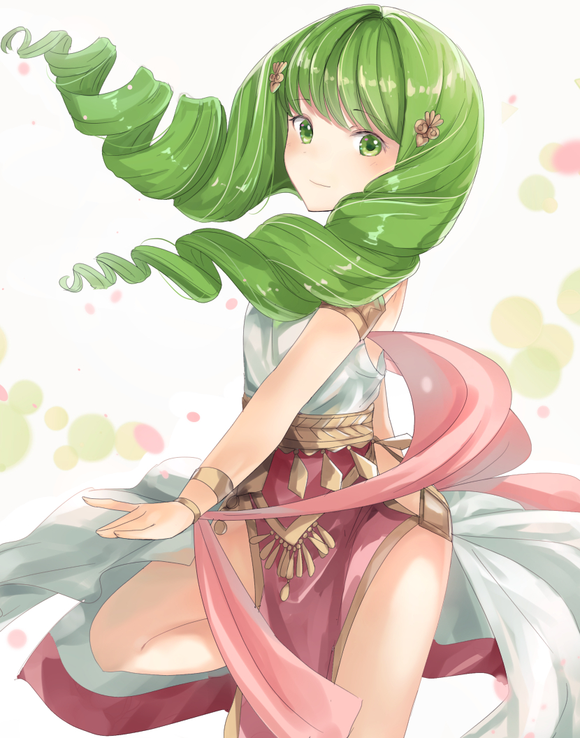 1girl alternate_costume bangs blush bracelet dancer dancing dress drill_hair eyebrows_visible_through_hair fire_emblem fire_emblem:_three_houses flayn_(fire_emblem) floating_hair green_eyes green_hair grey_background hair_ornament hairclip haru_(nakajou-28) jewelry light_smile long_hair looking_at_viewer pelvic_curtain solo standing standing_on_one_leg twin_drills